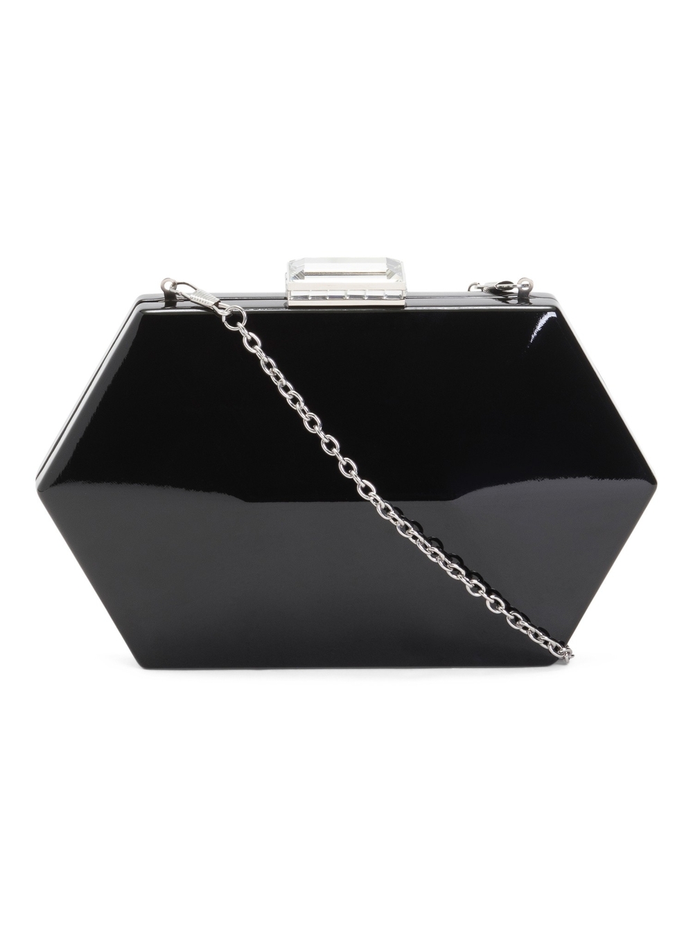 Glossy Black Hexagon Evening Clutch with Silver Chain
